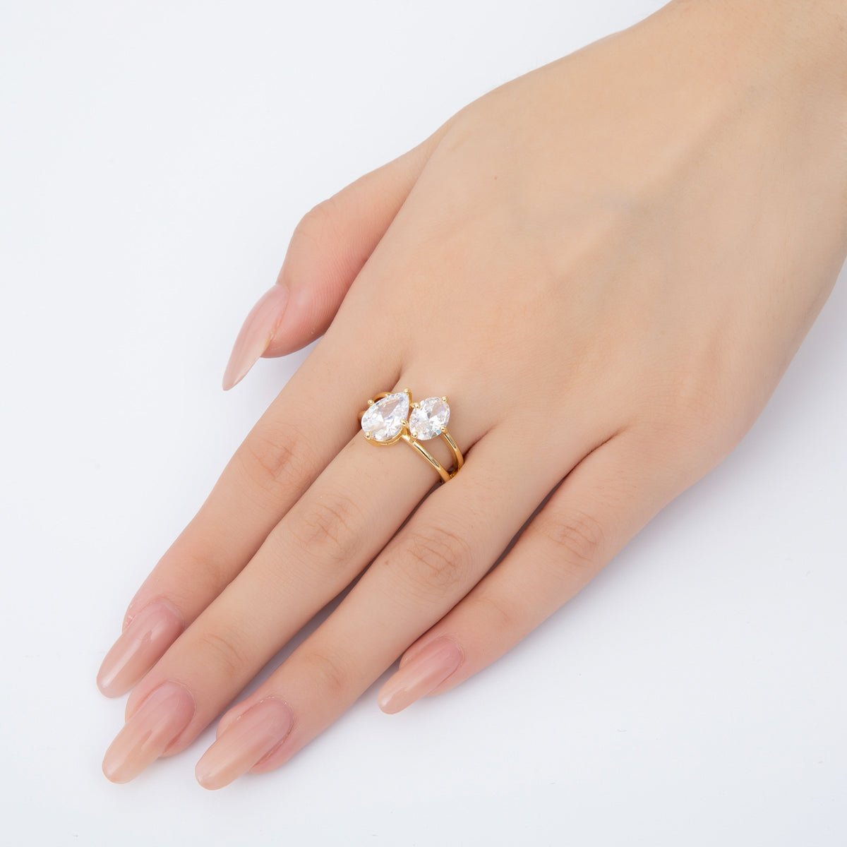 18K Gold Filled Pink Teardrop & Round CZ Double Solitaire Adjustable Ring | O - A2241 - DLUXCA