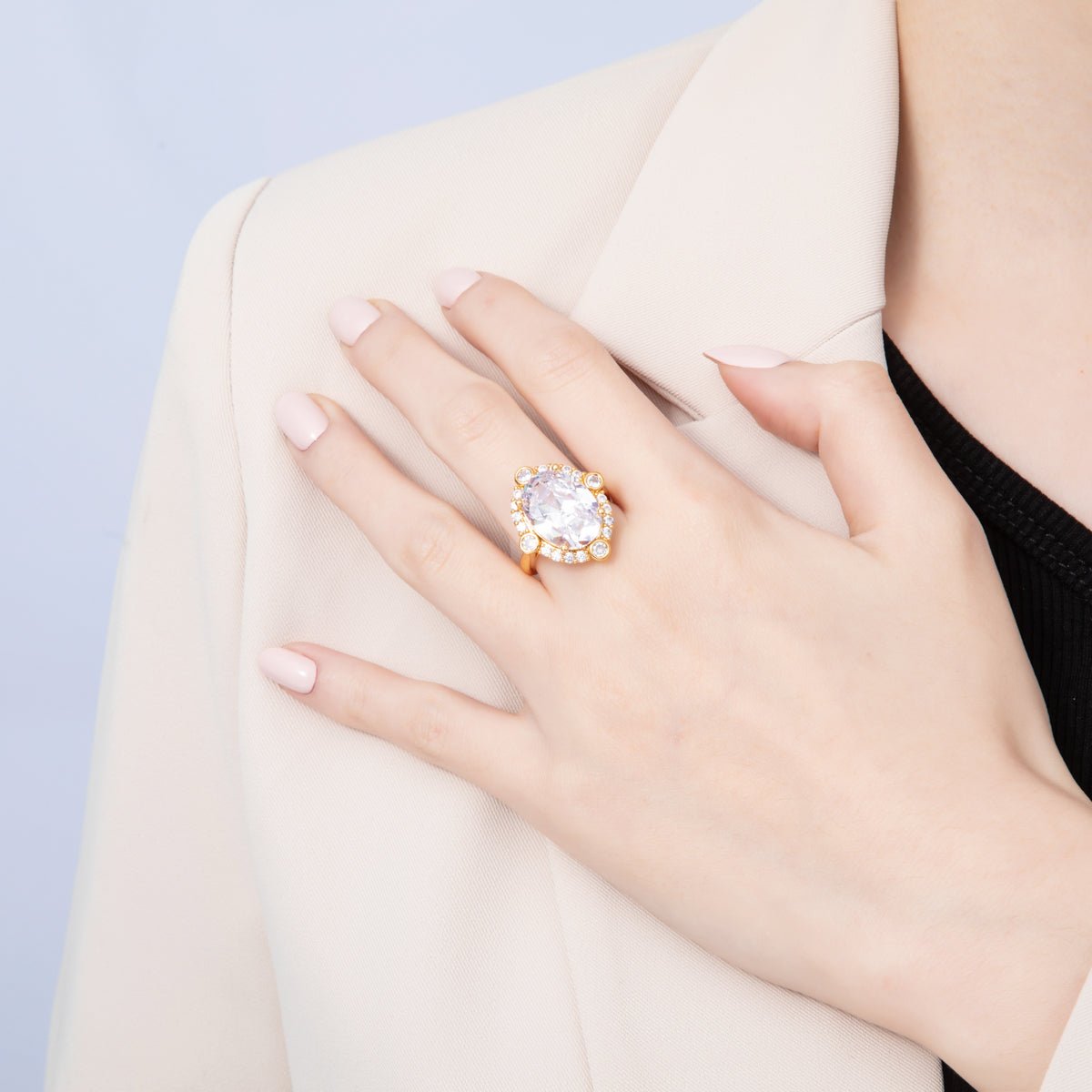 18K Gold Filled Pink, White Micro Paved CZ Oval Geometric Adjustable Ring | O807 - DLUXCA