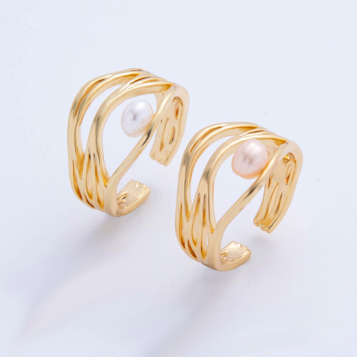 18K Gold Filled Pink, White Shell Pearl Multiple Band Crossed Ring | O2024 O2025 - DLUXCA