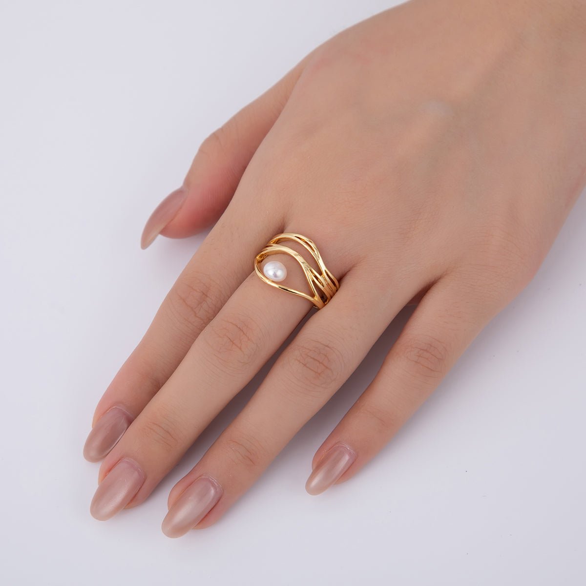 18K Gold Filled Pink, White Shell Pearl Multiple Band Crossed Ring | O2024 O2025 - DLUXCA