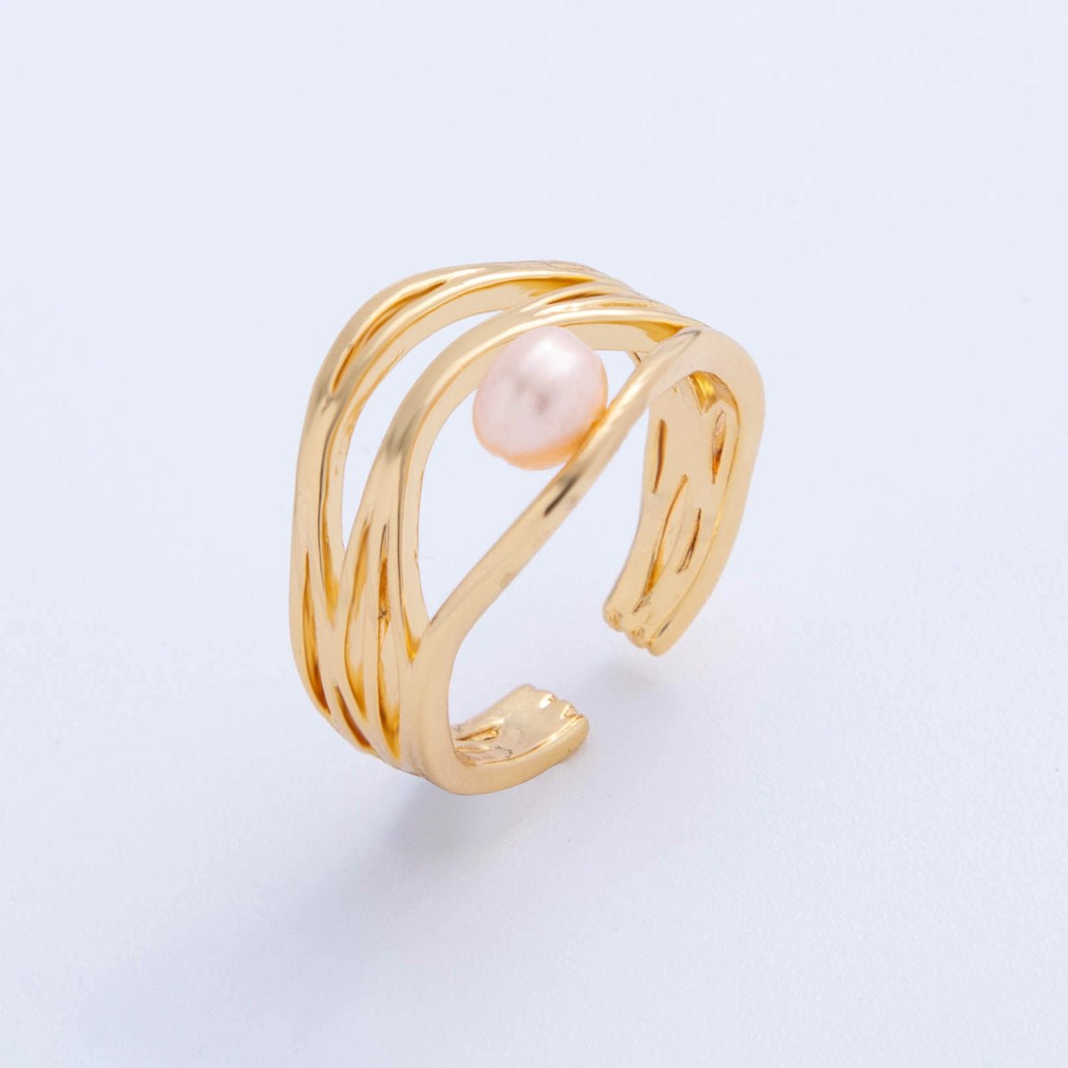 18K Gold Filled Pink, White Shell Pearl Multiple Band Crossed Ring | O2024 O2025 - DLUXCA
