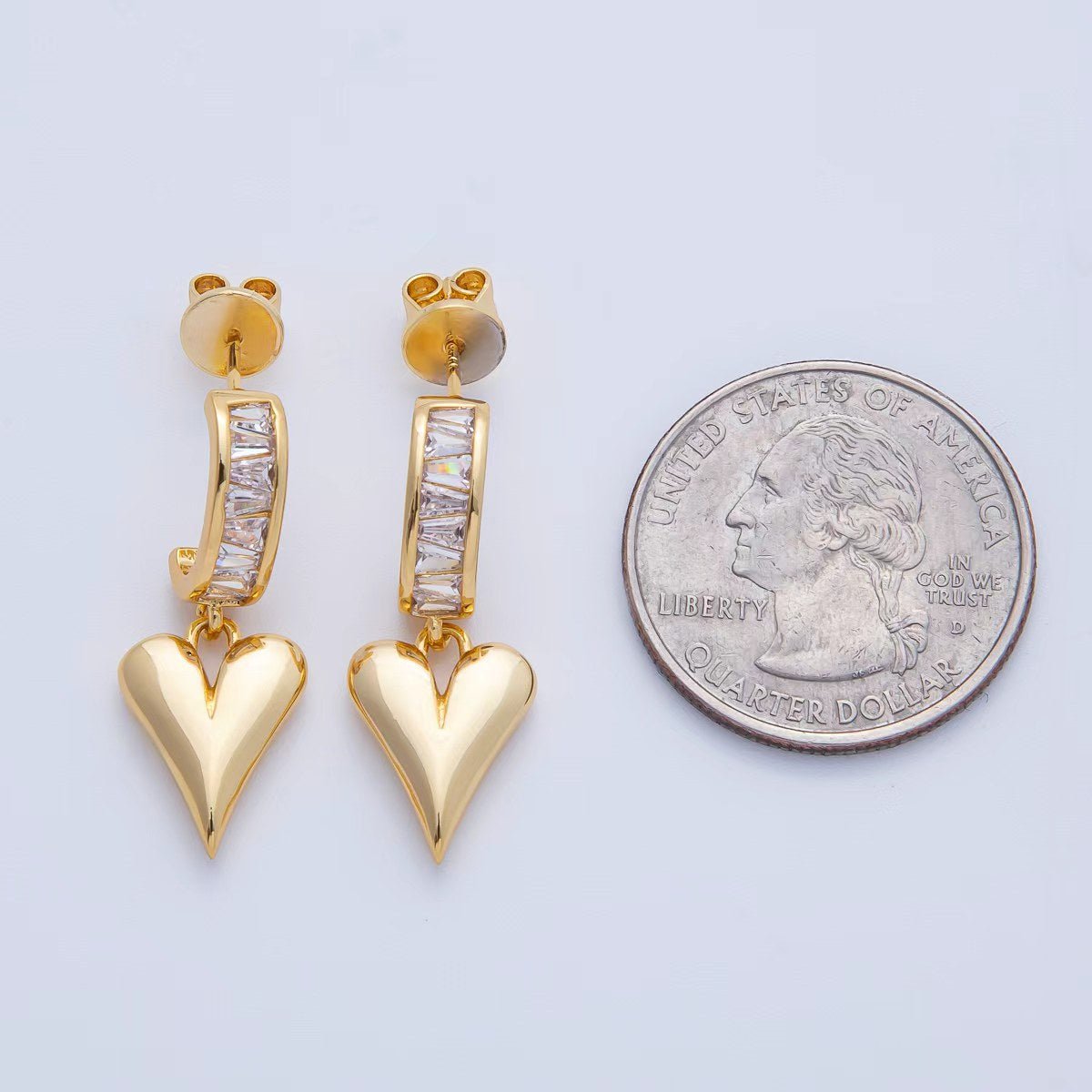 18K Gold Filled Puffy Heart Baguette CZ Drop C - Shaped Hoop Earrings | Q195 - DLUXCA