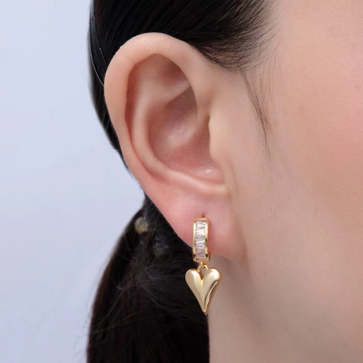 18K Gold Filled Puffy Heart Baguette CZ Drop C - Shaped Hoop Earrings | Q195 - DLUXCA
