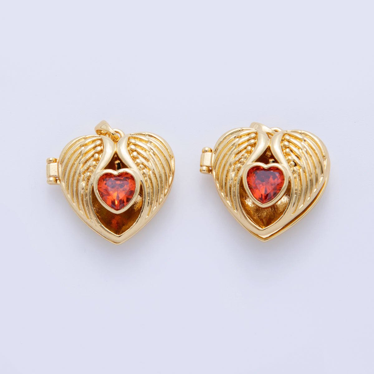 18K Gold Filled Red CZ Angel Wings Round Locket Pendant | AH749 - DLUXCA