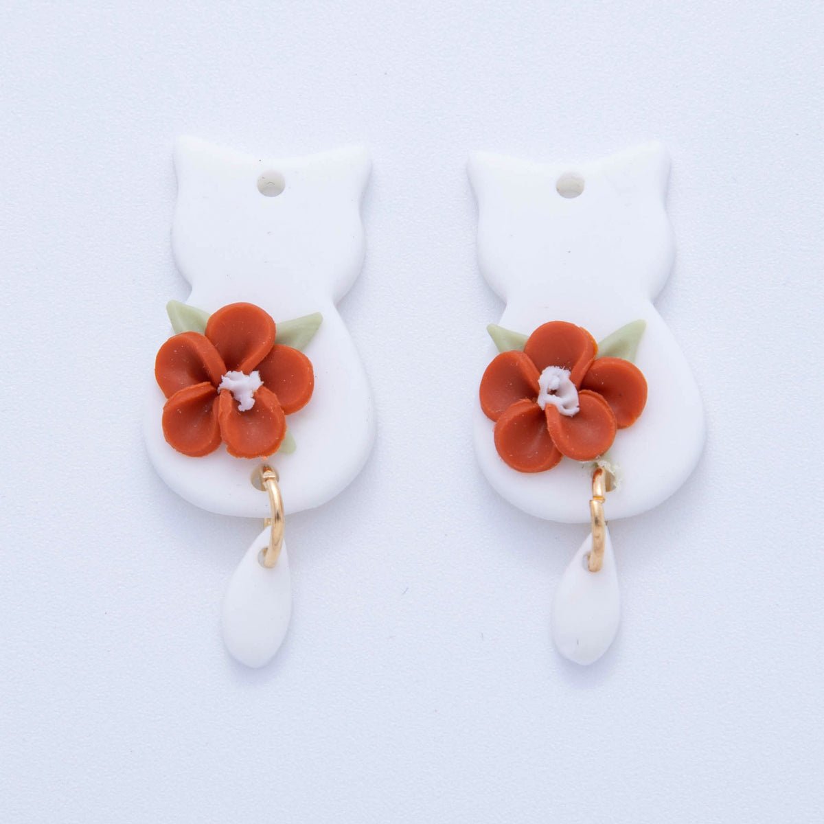 18K Gold Filled Red Daisy Flower White Cat Kitten Polymer Clay Charm | AF706 - DLUXCA