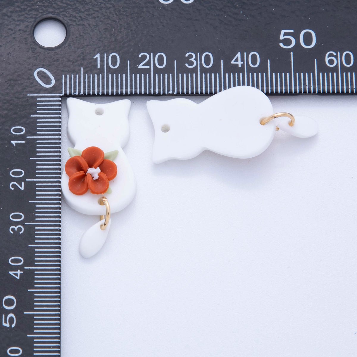 18K Gold Filled Red Daisy Flower White Cat Kitten Polymer Clay Charm | AF706 - DLUXCA