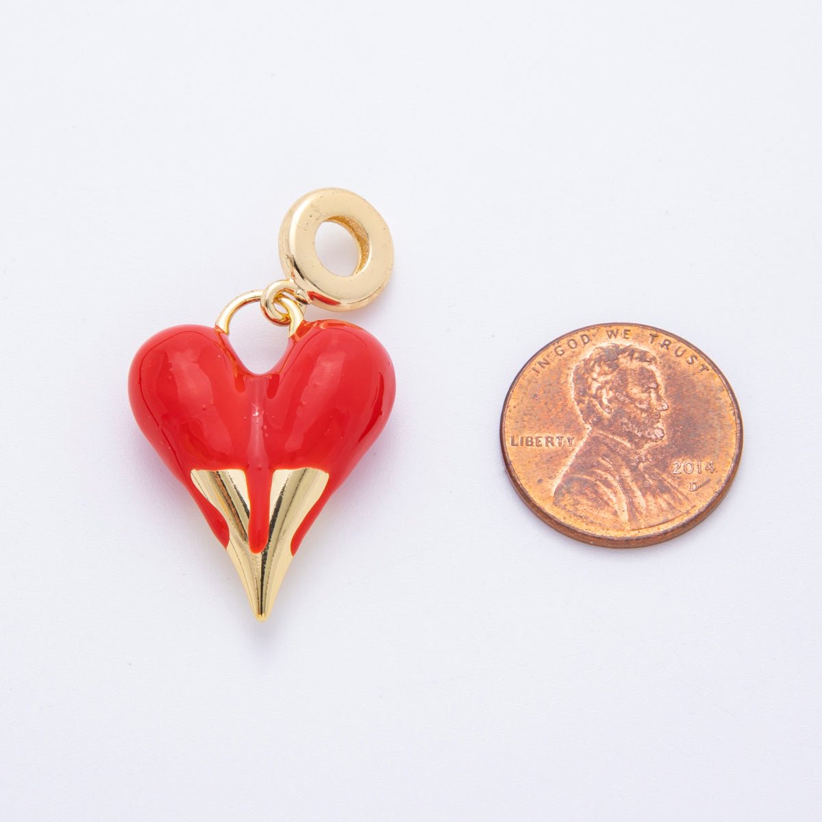 18K Gold Filled Red Enamel Chubby Heart Rondelle Drop Charm | E715 - DLUXCA
