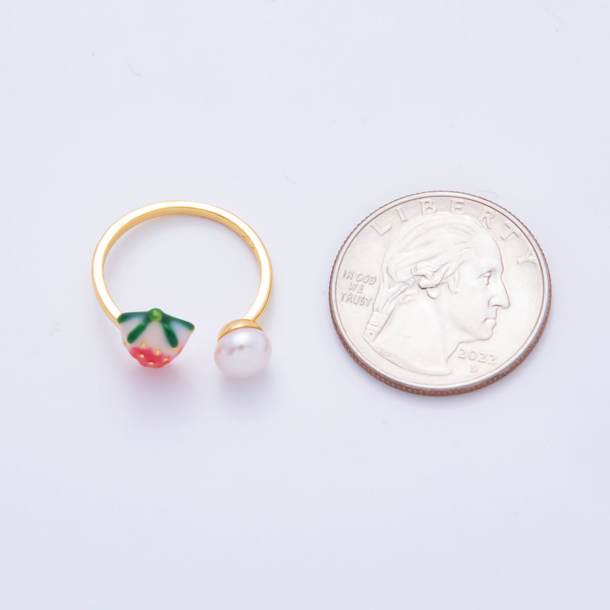 18K Gold Filled Red Enamel Strawberry Fruit with Shell Pearl Adjustable Ring | O - 040 - DLUXCA