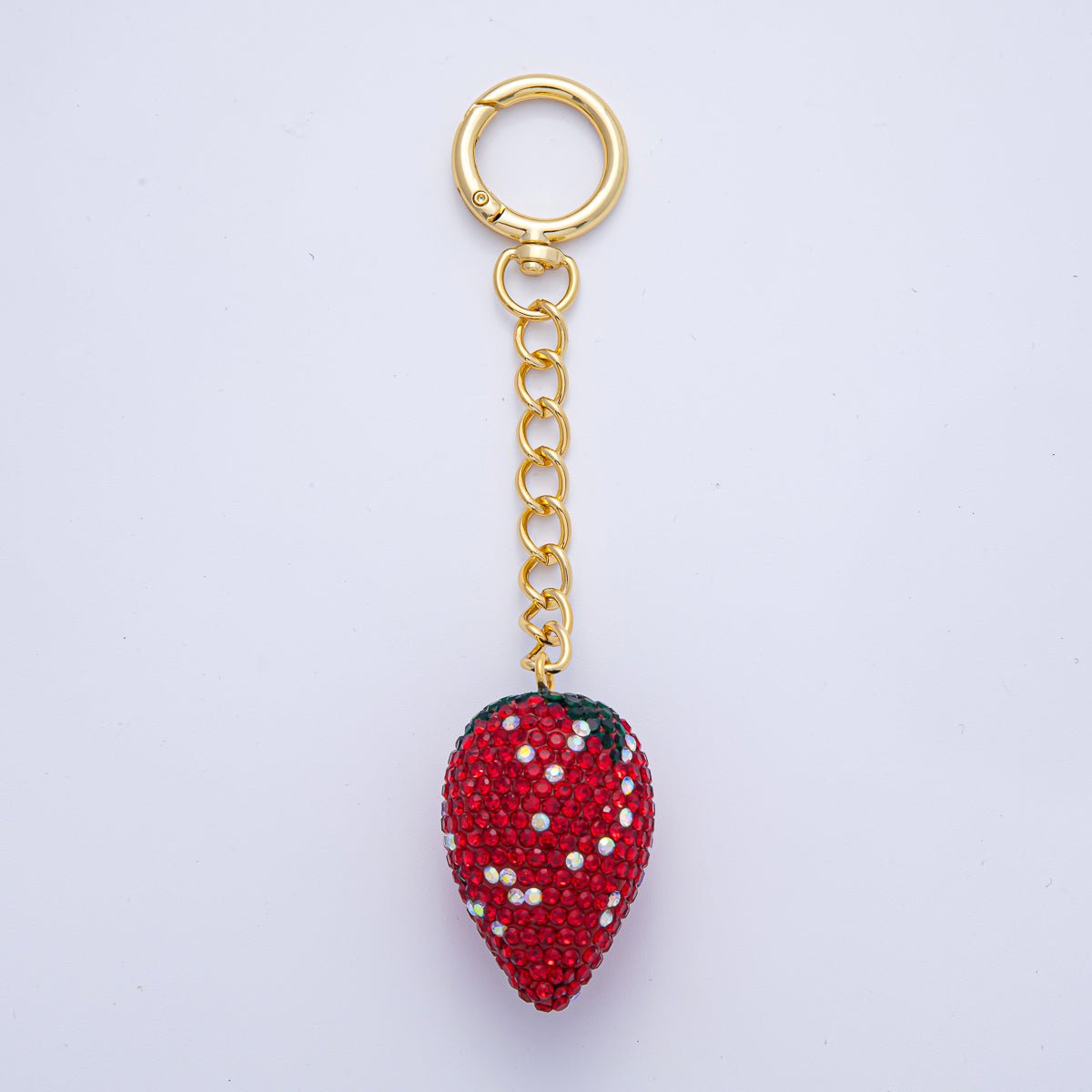 18K Gold Filled Red Strawberry Bedazzled Bag Charm Keychain Push Gate Key Ring | WB - 00254 - DLUXCA