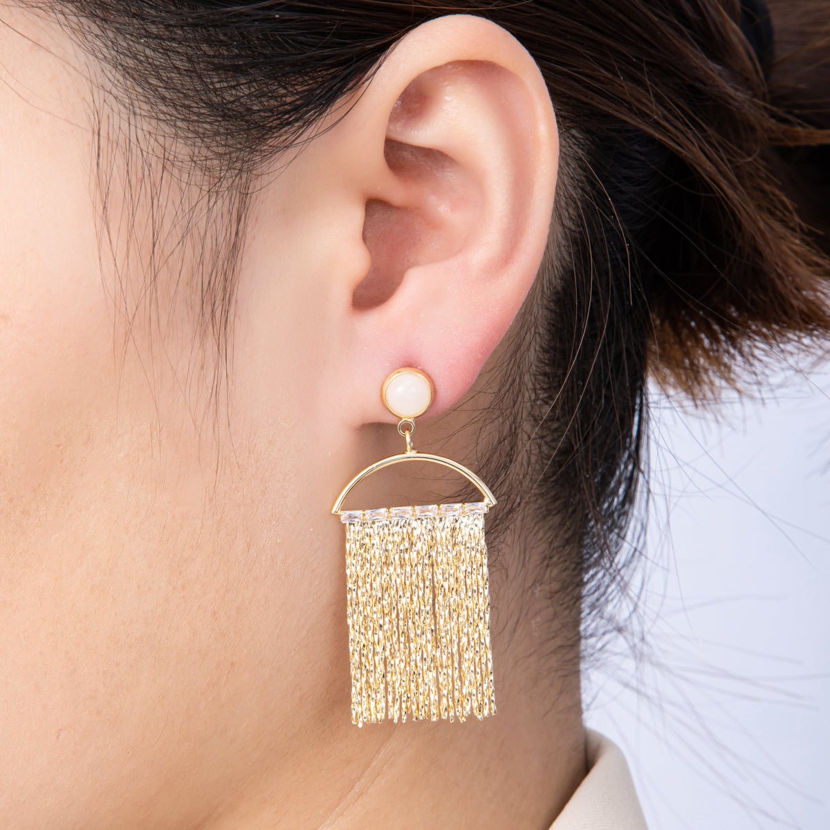 18K Gold Filled Rose Quartz Baguette Semi - Circle Fringe Drop Stud Earrings | Earrings - 00295 - DLUXCA