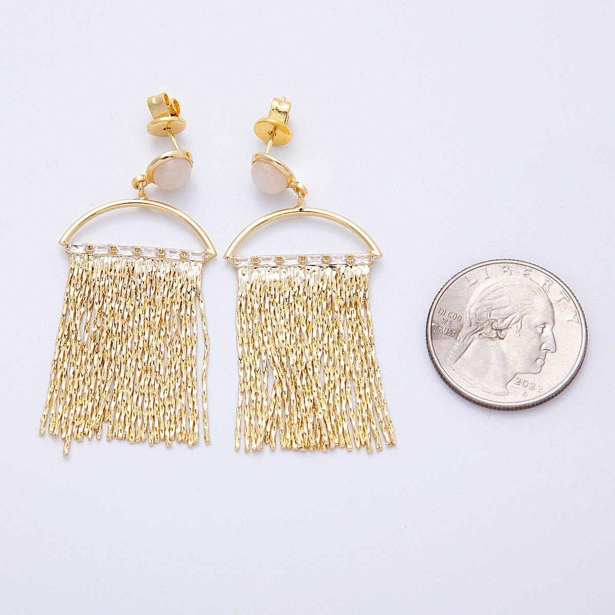18K Gold Filled Rose Quartz Baguette Semi - Circle Fringe Drop Stud Earrings | Earrings - 00295 - DLUXCA