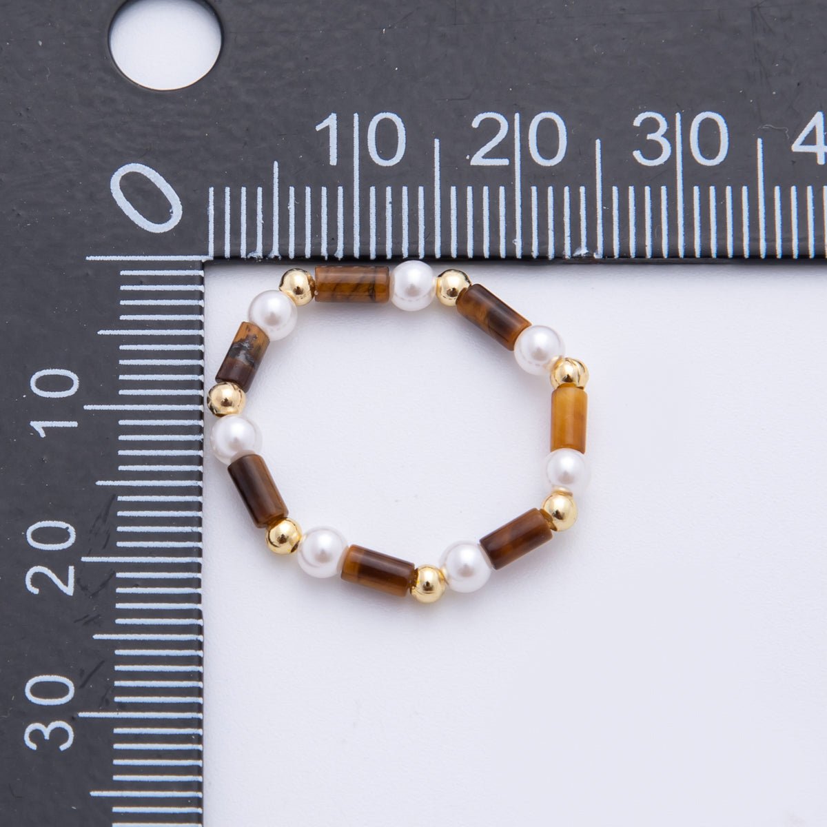 18K Gold Filled Round Bead Shell Pearl Tiger Eye Cylinder Stretch Ring | O051 - DLUXCA