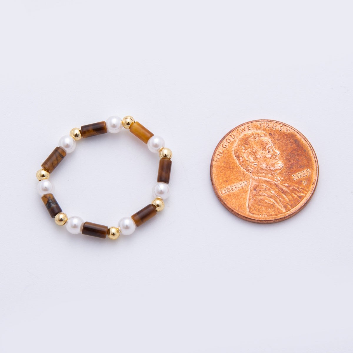 18K Gold Filled Round Bead Shell Pearl Tiger Eye Cylinder Stretch Ring | O051 - DLUXCA