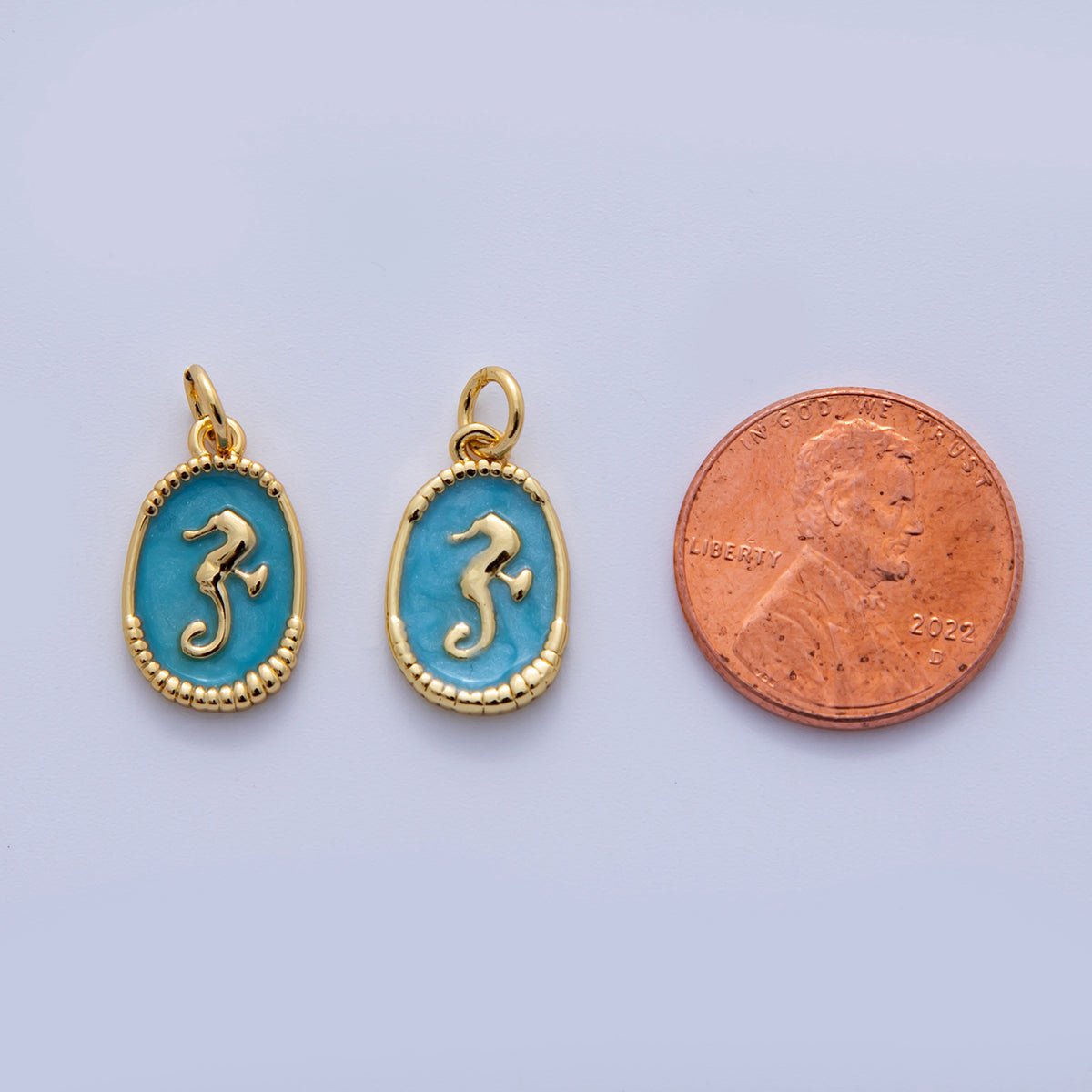 18K Gold Filled Sea Horse Blue Enamel Oblong Charm | AF309 - DLUXCA