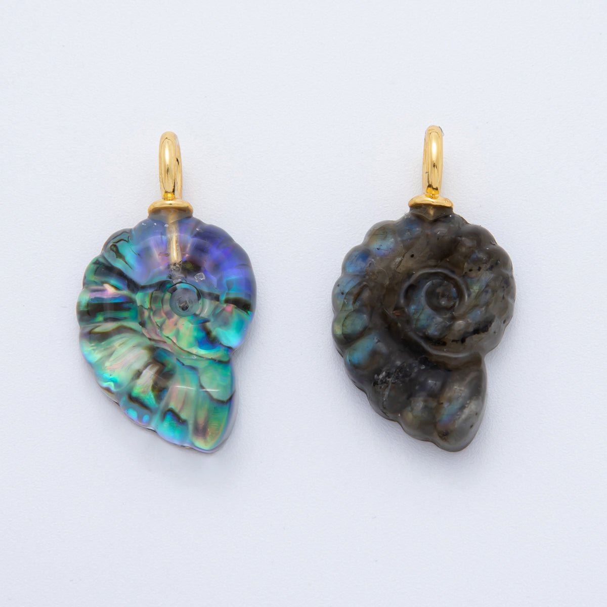 18K Gold Filled Seashell Abalone, Labradorite Gemstone Clam Seashell Drop Charm | AH - 839 - DLUXCA