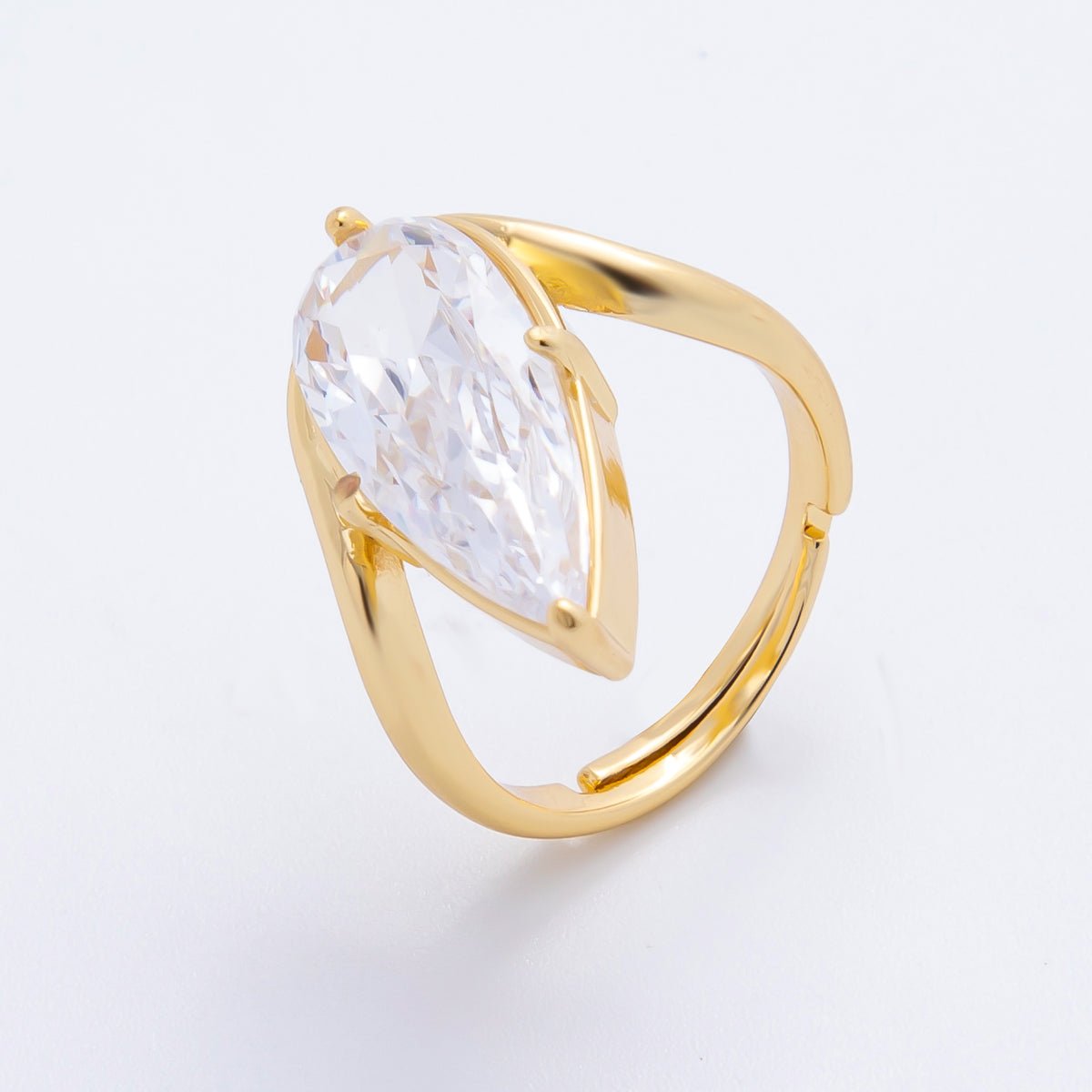 18K Gold Filled Sharp Teardrop CZ Round Adjustable Ring in Pink & Clear | O - A2208 - DLUXCA