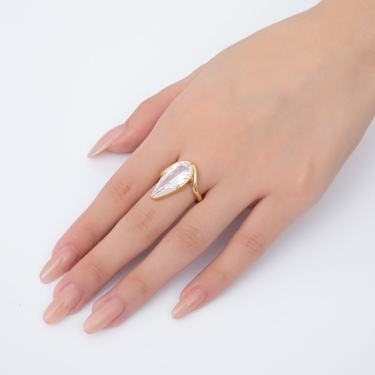 18K Gold Filled Sharp Teardrop CZ Round Adjustable Ring in Pink & Clear | O - A2208 - DLUXCA