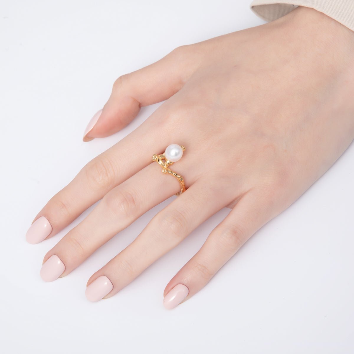 18K Gold Filled Shell Pearl Hammered Statement Branch Ring | O789 - DLUXCA