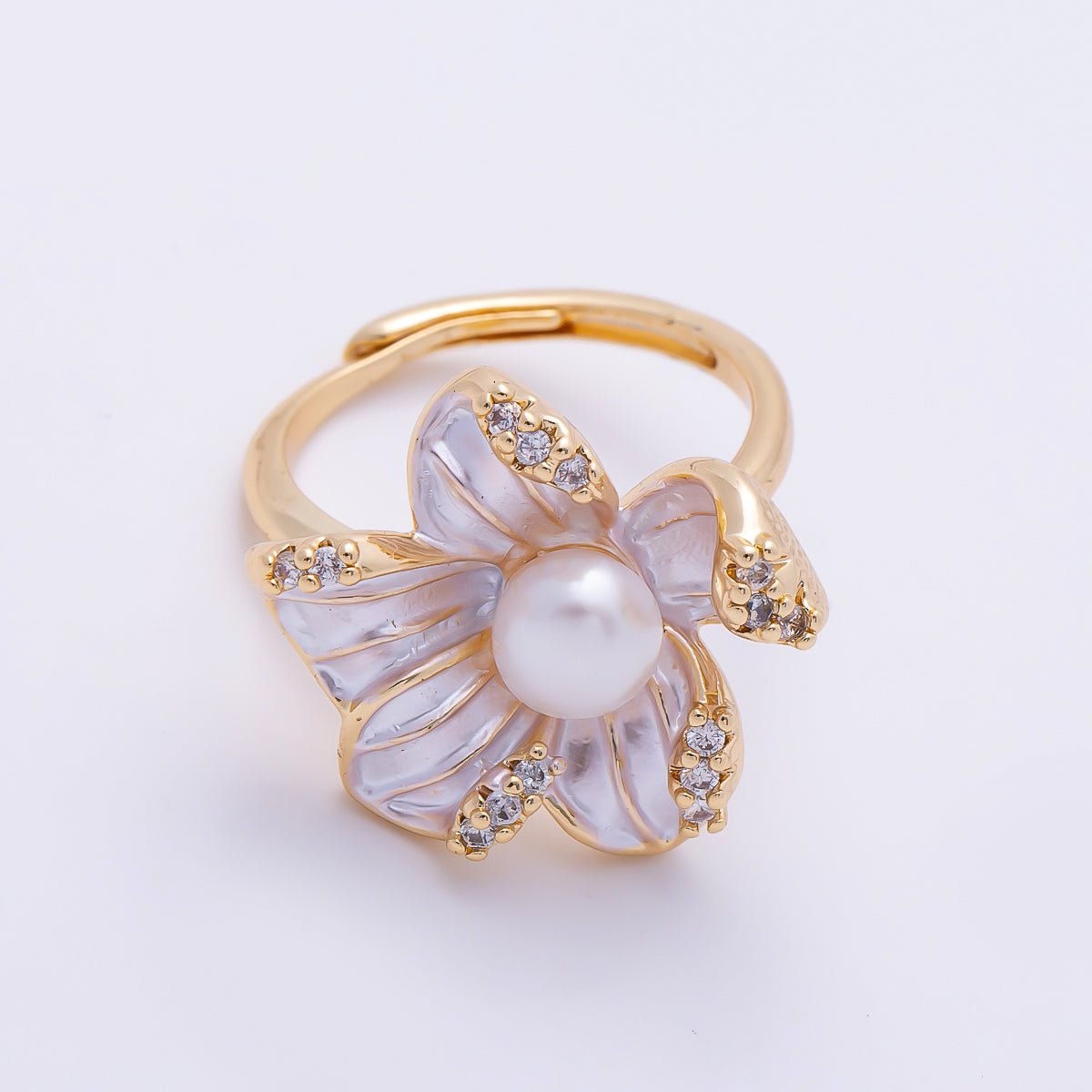 18K Gold Filled Shell Pearl Micro Paved CZ Enamel Flower Ring | Rings-00286 - DLUXCA