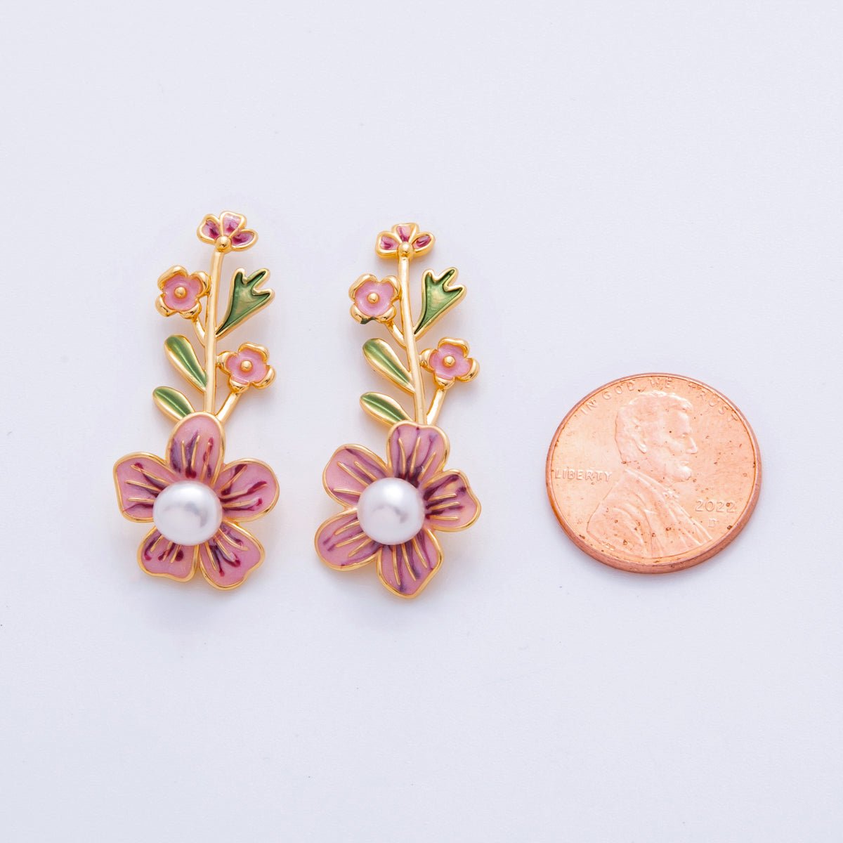 18K Gold Filled Shell Pearl Pink Flower Plant Enamel Pendant | AH713 - DLUXCA