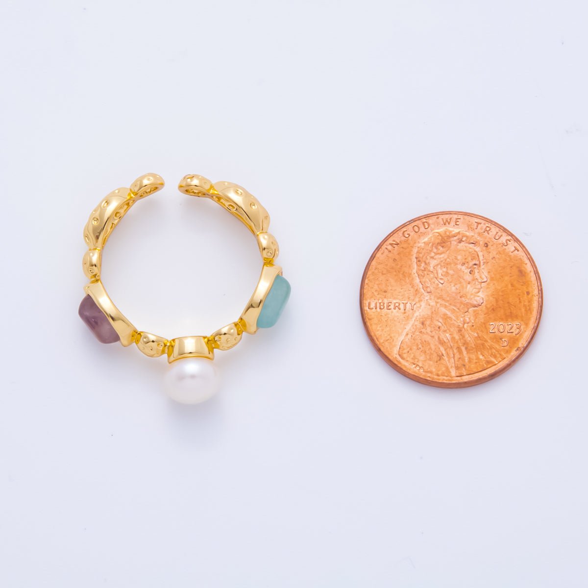 18K Gold Filled Shell Pearl Statement with Pastel Gemstones Adjustable Ring | O - 037 - DLUXCA