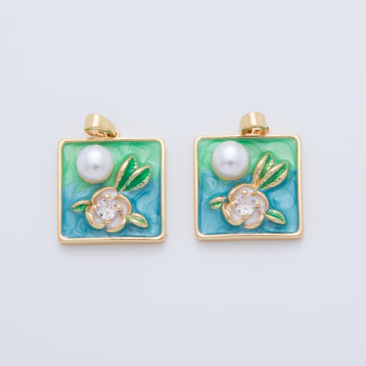 18K Gold Filled Shell Pearl White Flower Enamel Square Pendant | AH766 - DLUXCA