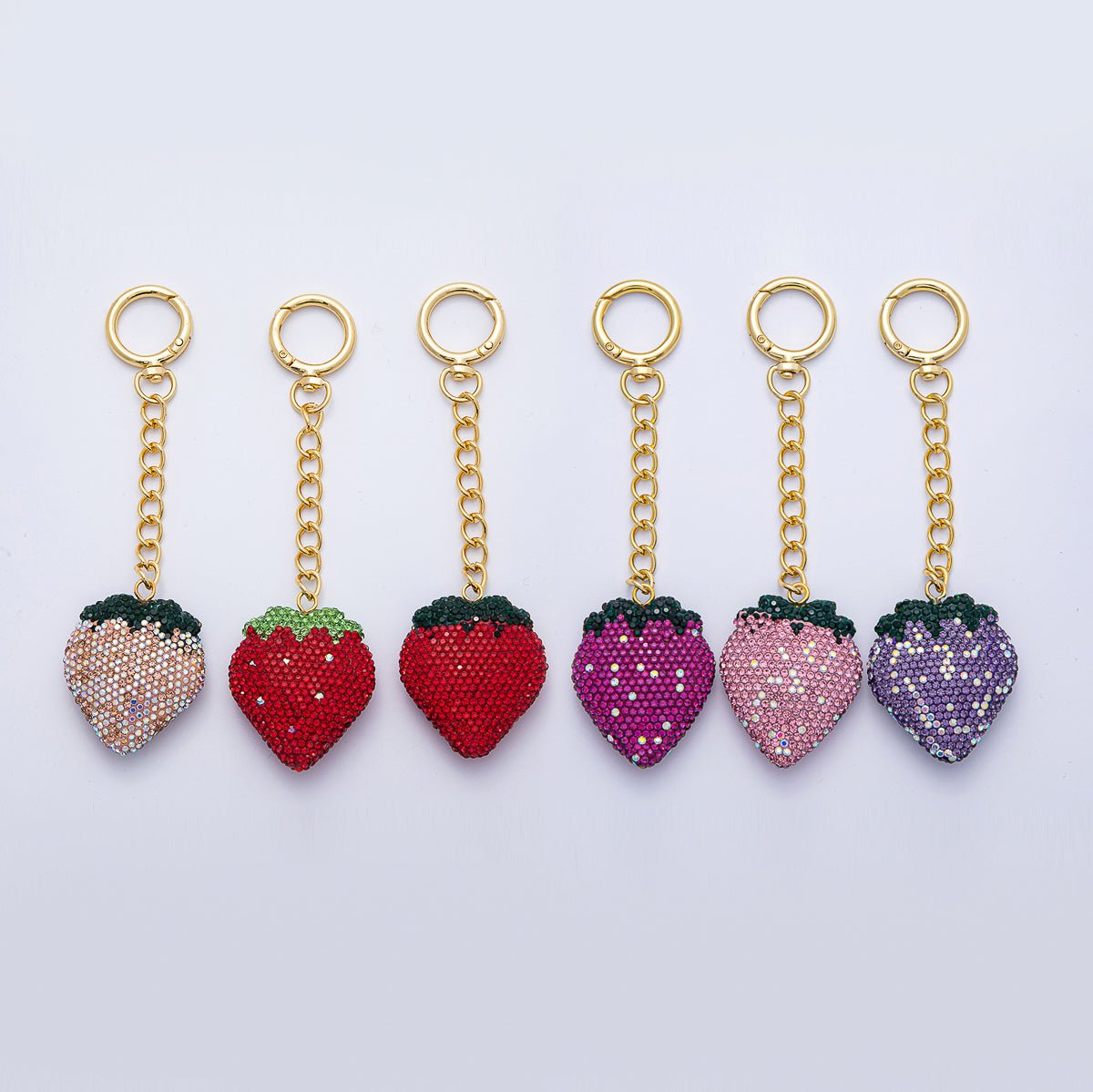 18K Gold Filled Strawberry Bedazzled Bag Charm Keychain Push Gate Accessories | WB - 00248 ~ WB - 00253 - DLUXCA
