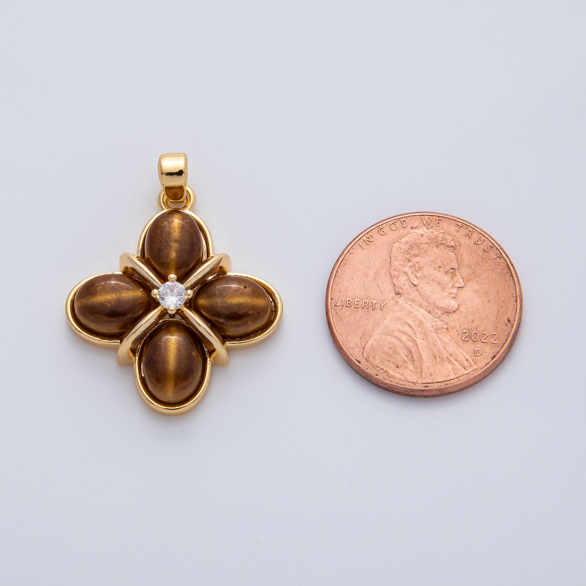 18K Gold Filled Tiger Eye Natural Gemstone with CZ 24mm Clover Charm Pendant | AF1167 - DLUXCA