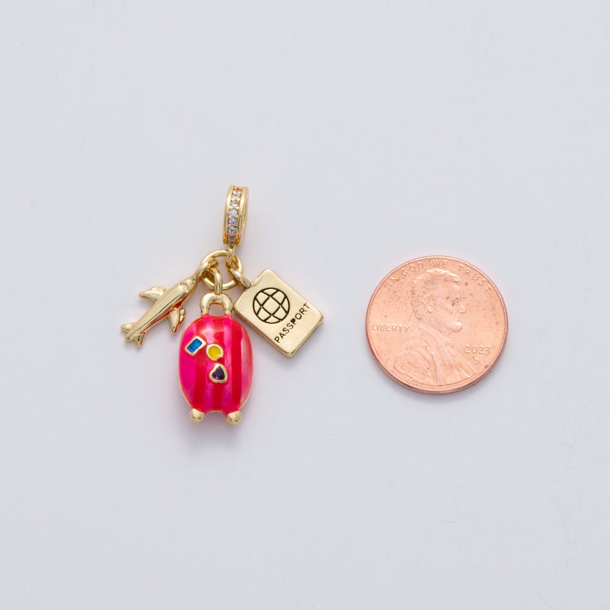 18K Gold Filled Travel Airplane Luggage Passport Micro Paved CZ Rhondelle Drop Pendant | C113 - DLUXCA