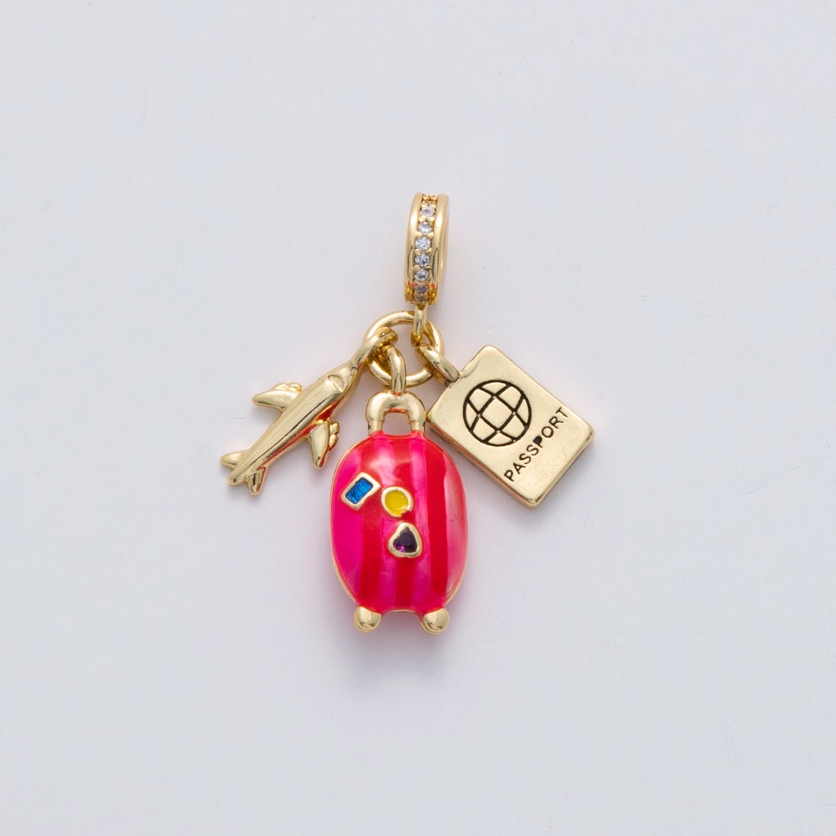 18K Gold Filled Travel Airplane Luggage Passport Micro Paved CZ Rhondelle Drop Pendant | C113 - DLUXCA
