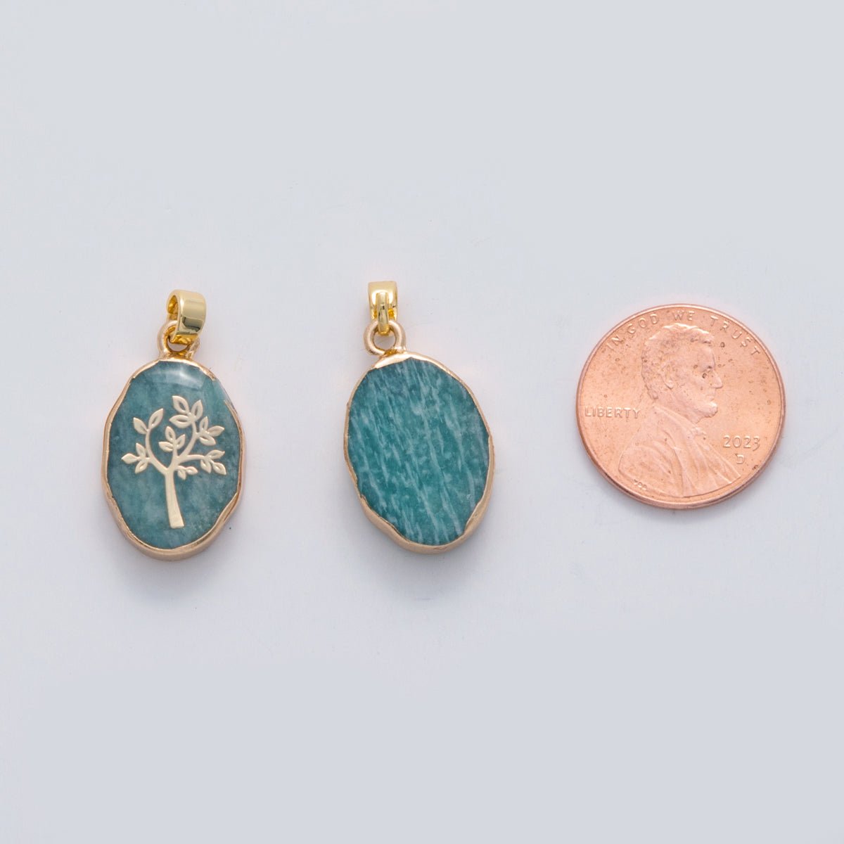 18K Gold Filled Tree Blue Amazonite Oblong Pendant | AH696 - DLUXCA