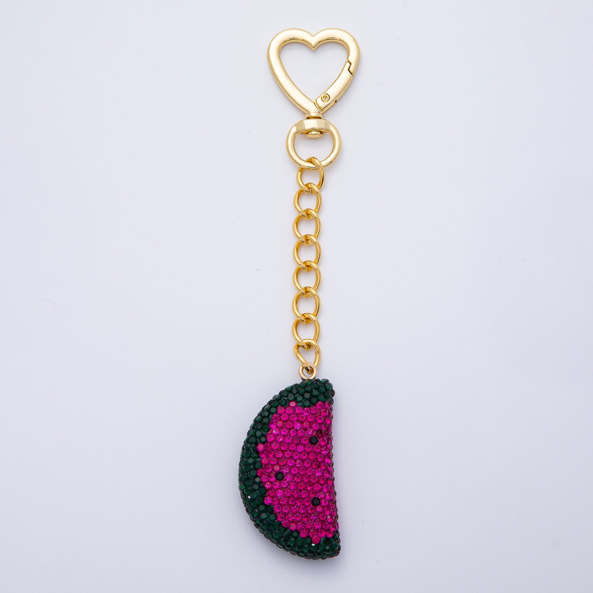 18K Gold Filled Watermelon Bedazzled Bag Charm Heart Push Gate Keychain Accessories | WB - 00239 - DLUXCA