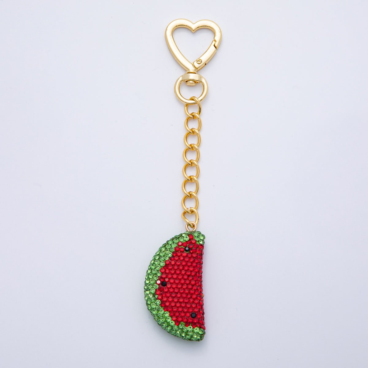 18K Gold Filled Watermelon Bedazzled Bag Charm Heart Push Gate Keychain Accessories | WB - 00239 - DLUXCA