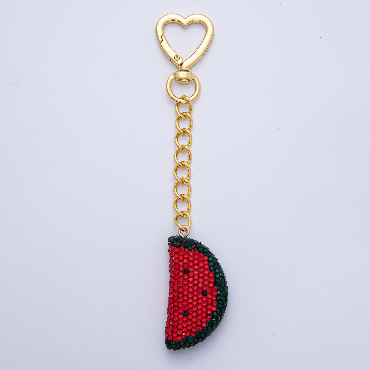 18K Gold Filled Watermelon Bedazzled Bag Charm Heart Push Gate Keychain Accessories | WB - 00239 - DLUXCA