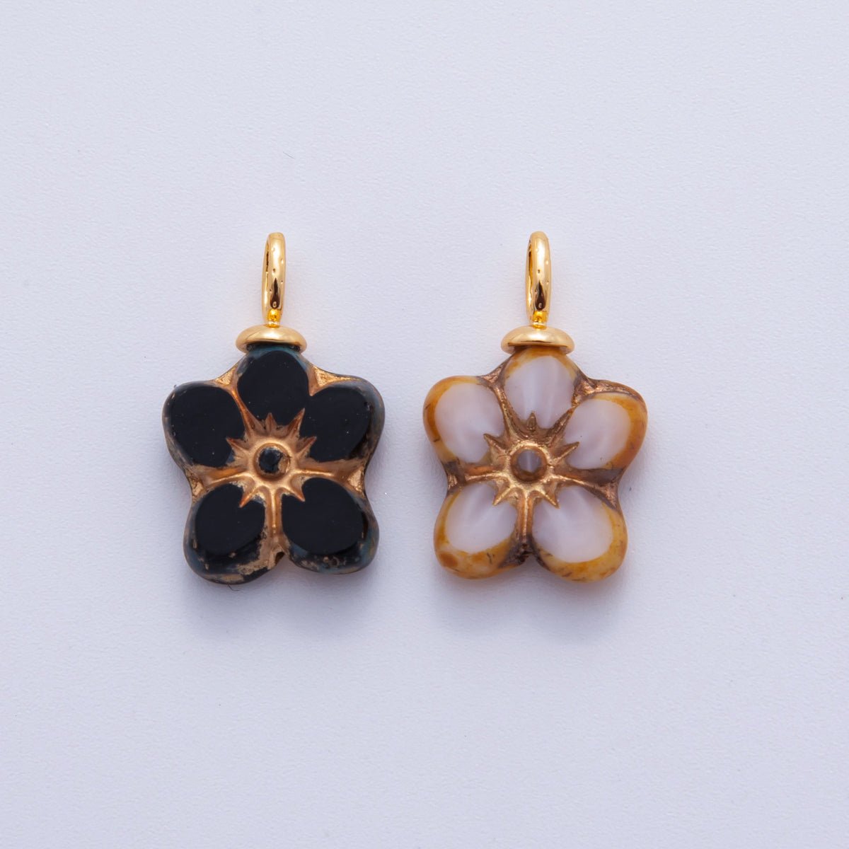18K Gold Filled White, Black Gold Lined Flower Acrylic Drop Charm | AF719 - DLUXCA