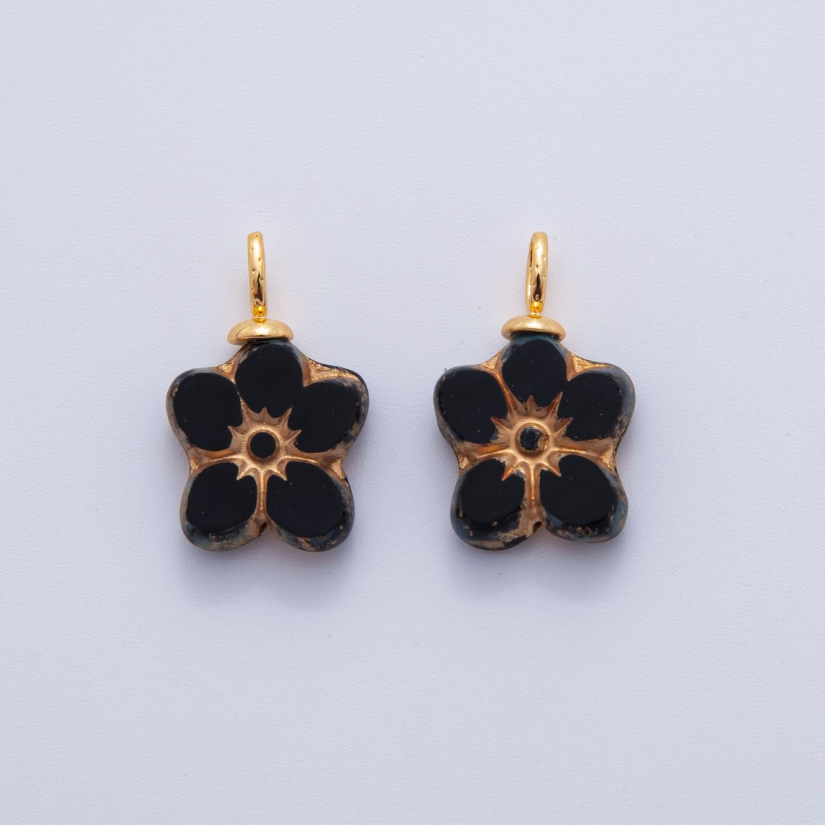 18K Gold Filled White, Black Gold Lined Flower Acrylic Drop Charm | AF719 - DLUXCA