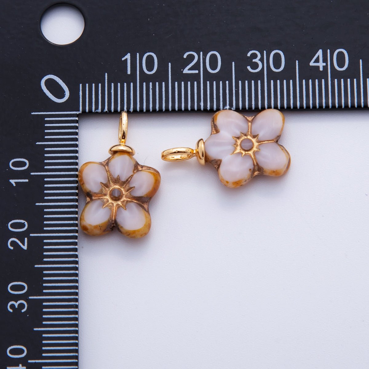 18K Gold Filled White, Black Gold Lined Flower Acrylic Drop Charm | AF719 - DLUXCA