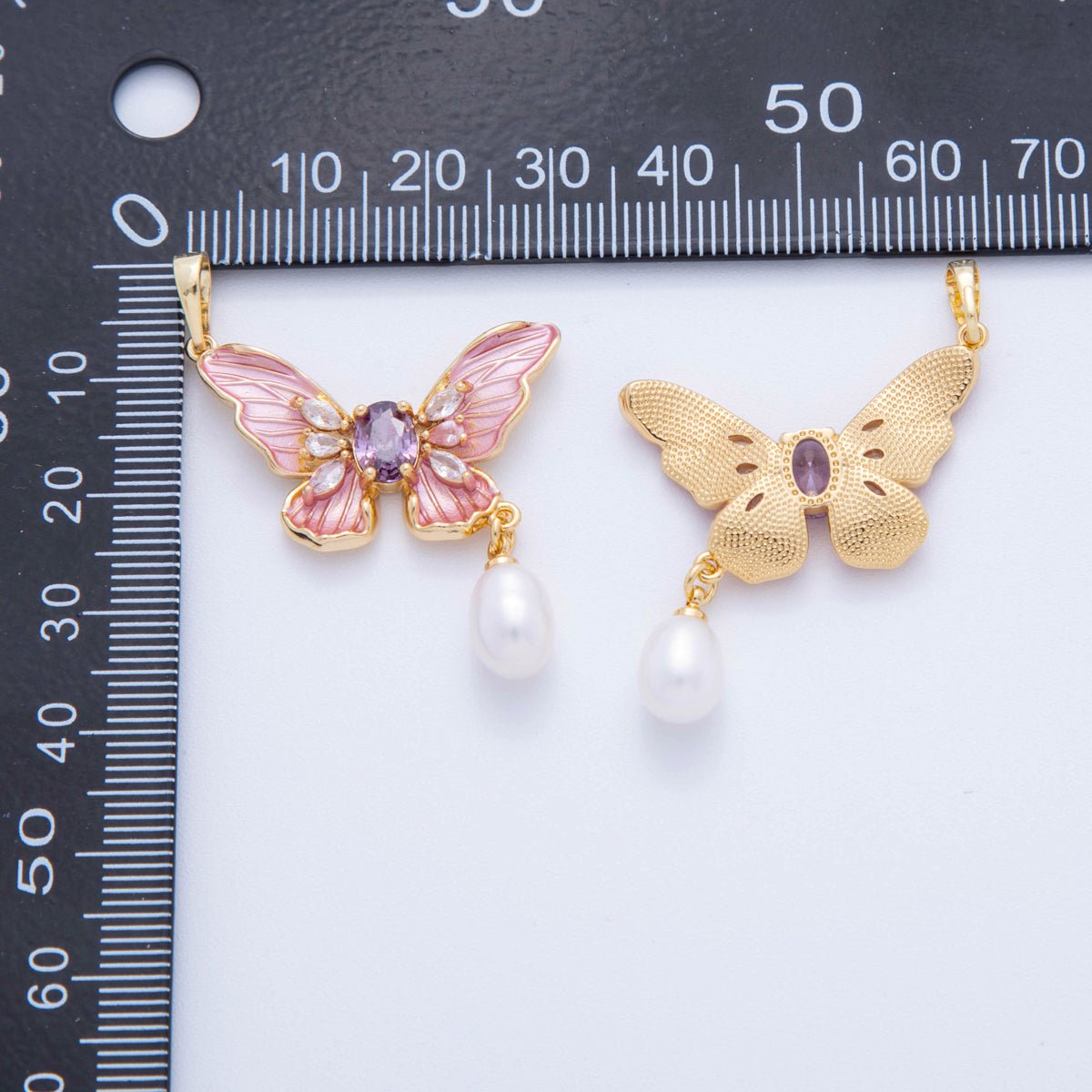 18K Gold Filled White, Blue, Pink Enamel Butterfly CZ Pearl Drop Pendant | AH759 - AH761 - DLUXCA