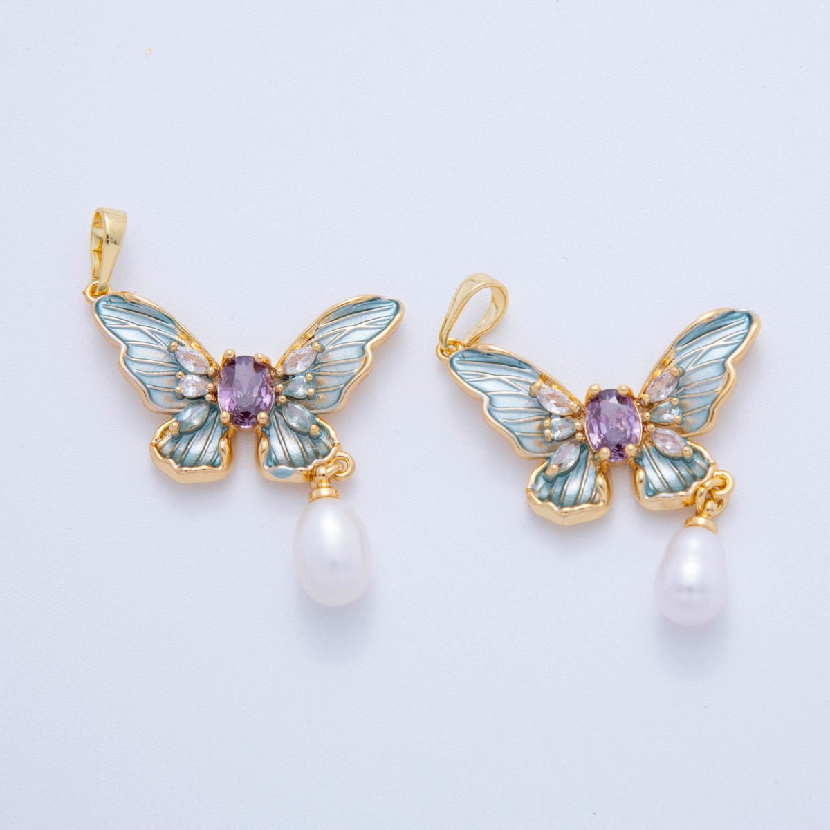18K Gold Filled White, Blue, Pink Enamel Butterfly CZ Pearl Drop Pendant | AH759 - AH761 - DLUXCA