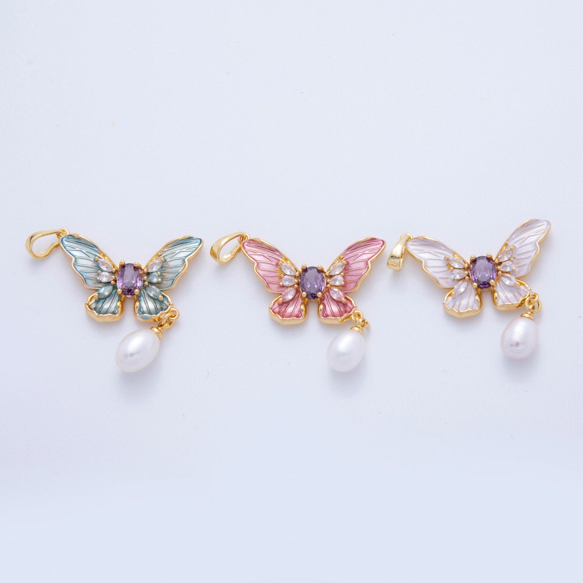 18K Gold Filled White, Blue, Pink Enamel Butterfly CZ Pearl Drop Pendant | AH759 - AH761 - DLUXCA
