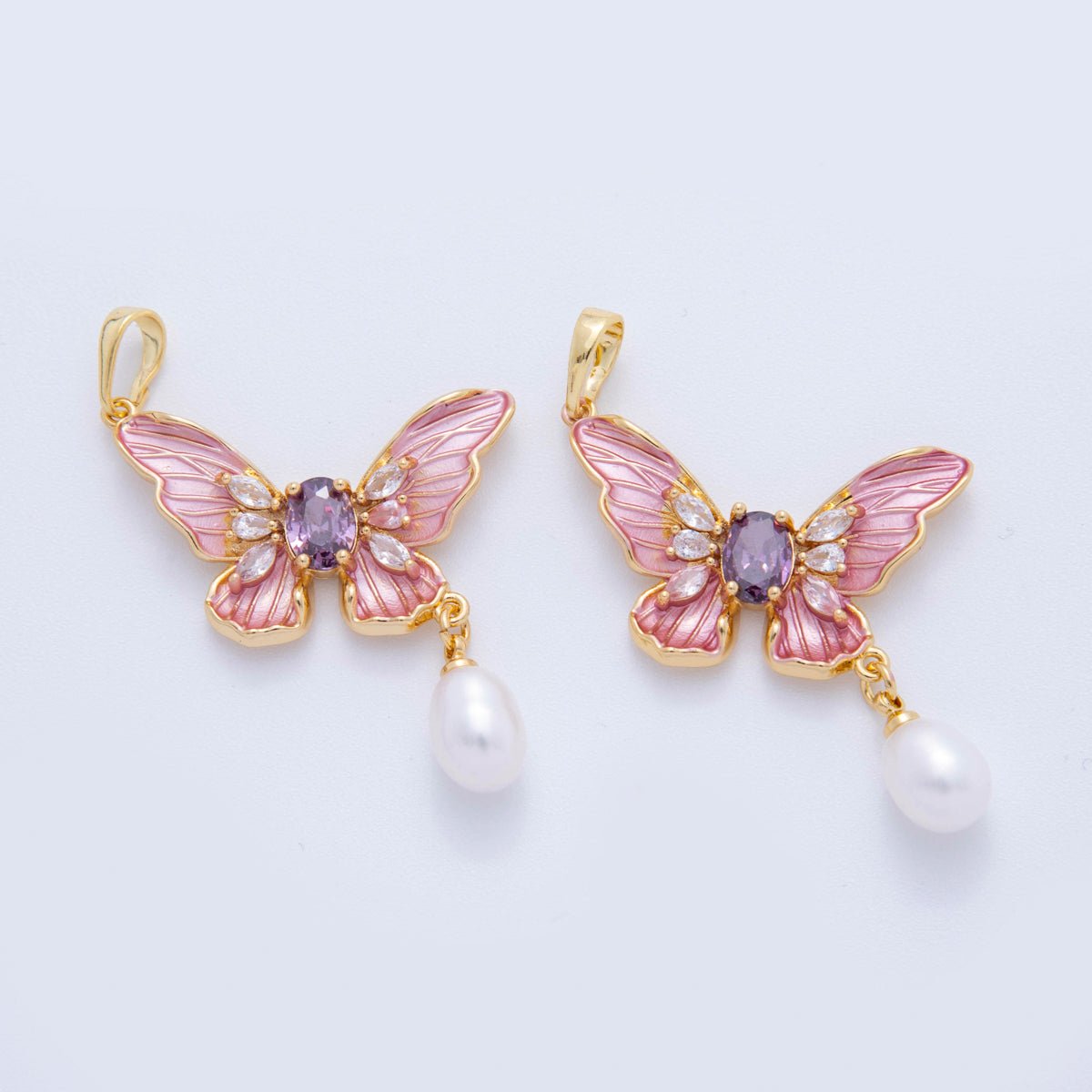 18K Gold Filled White, Blue, Pink Enamel Butterfly CZ Pearl Drop Pendant | AH759 - AH761 - DLUXCA