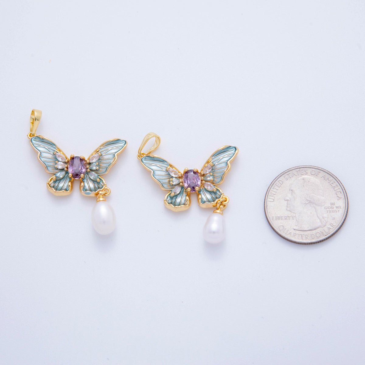 18K Gold Filled White, Blue, Pink Enamel Butterfly CZ Pearl Drop Pendant | AH759 - AH761 - DLUXCA