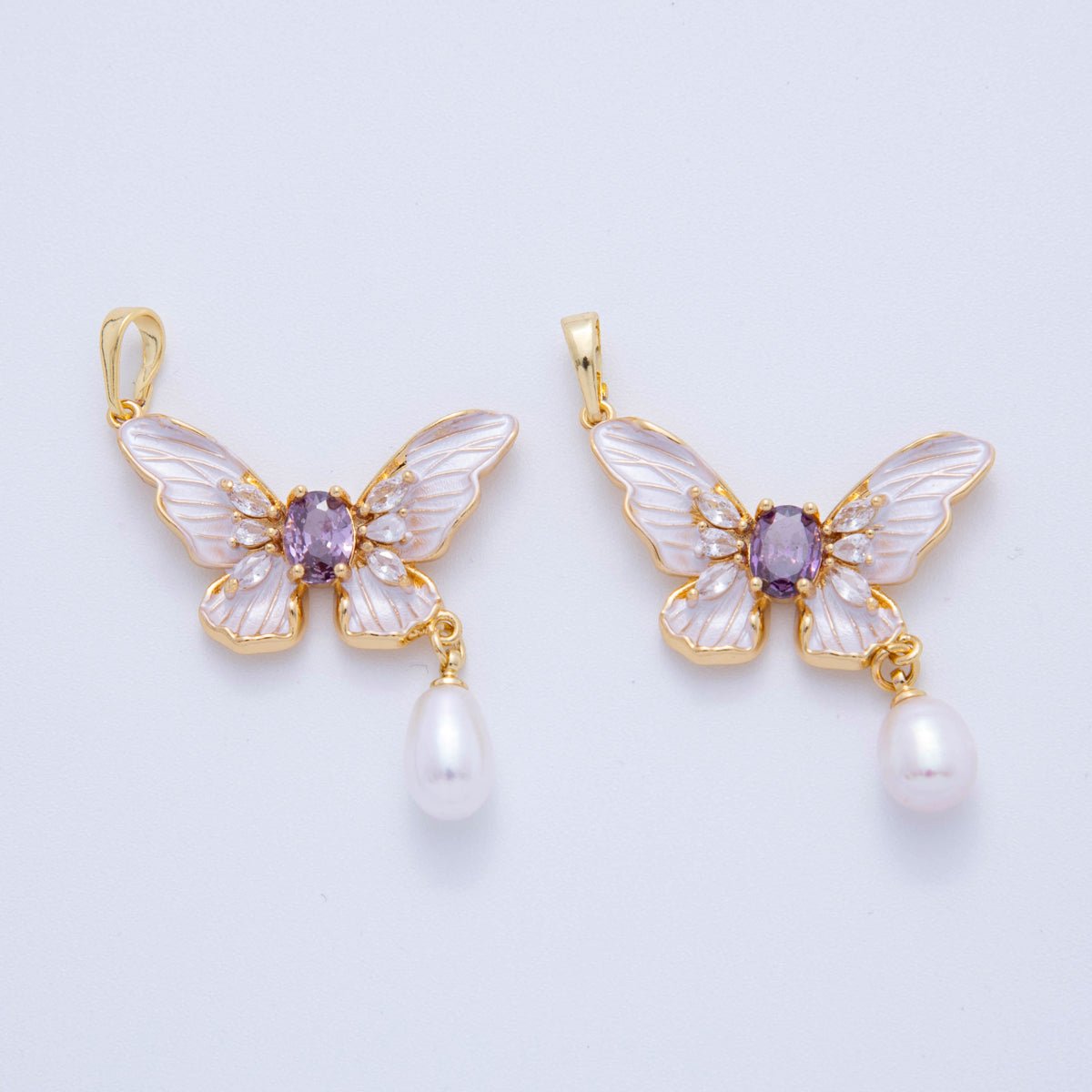 18K Gold Filled White, Blue, Pink Enamel Butterfly CZ Pearl Drop Pendant | AH759 - AH761 - DLUXCA