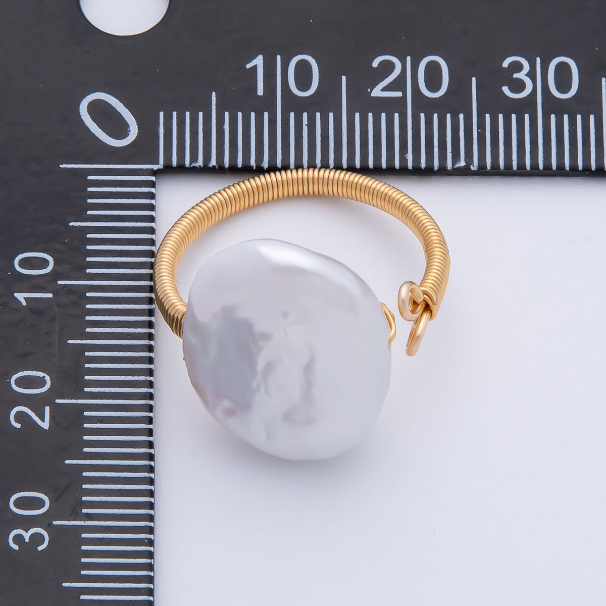 18K Gold Filled White Flat Heishi Freshwater Pearl Coil Wire Solitaire Ring | O589 - DLUXCA