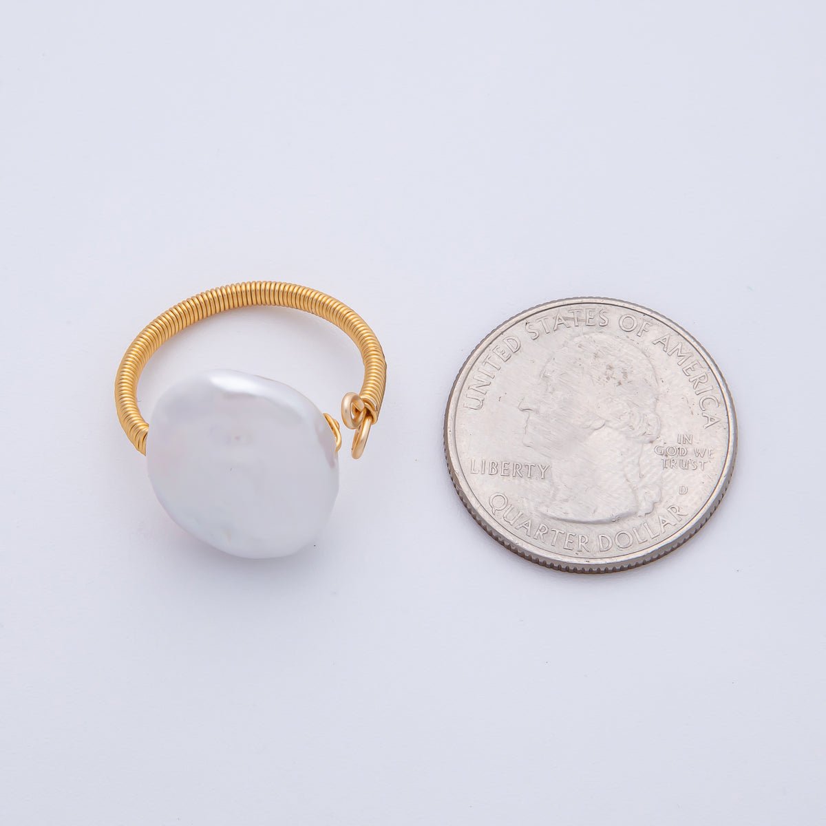 18K Gold Filled White Flat Heishi Freshwater Pearl Coil Wire Solitaire Ring | O589 - DLUXCA