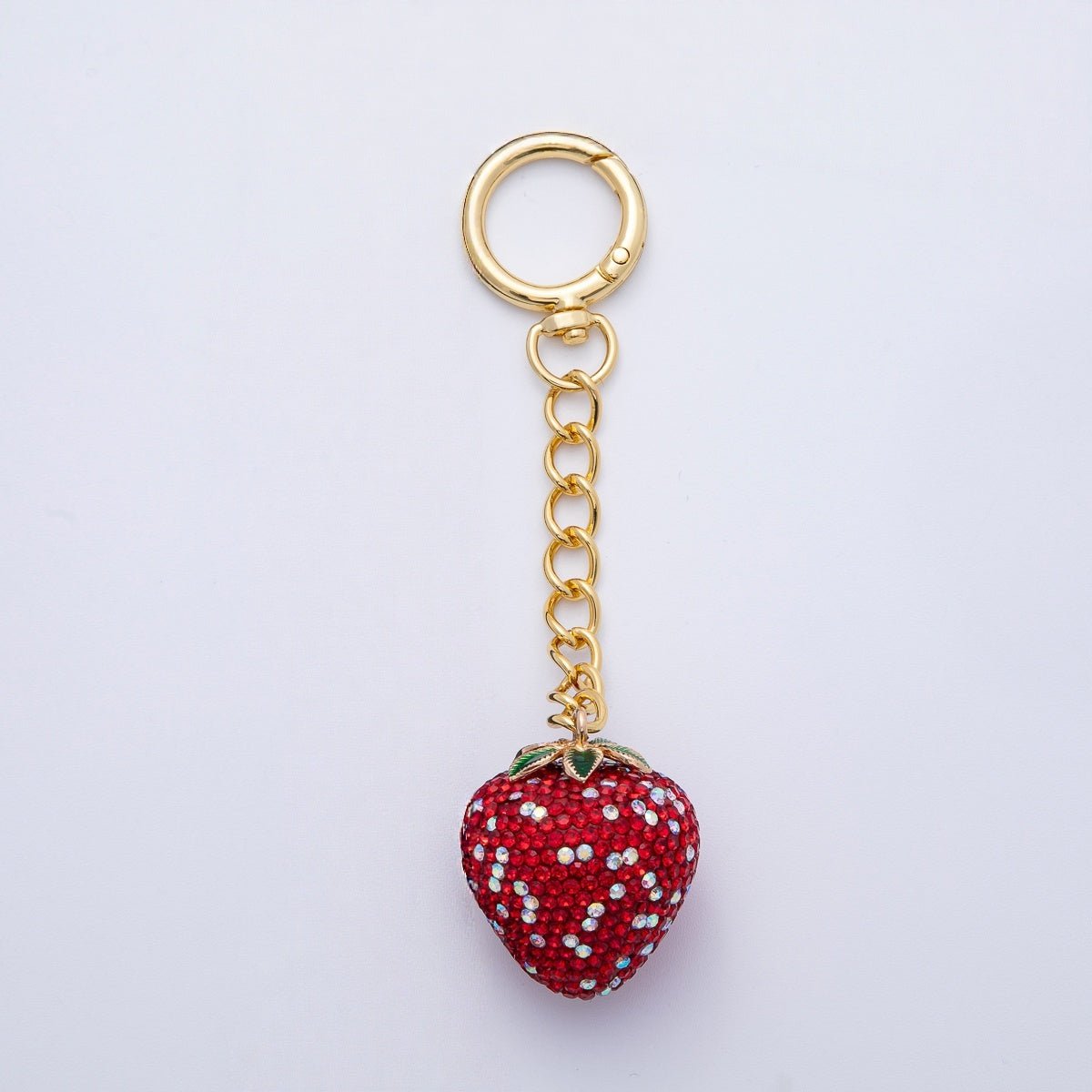 18K Gold Filled White, Pink, Red Strawberry Bedazzled Bag Charm Keychain Accessories | WB - 00265 ~ WB - 00267 - DLUXCA