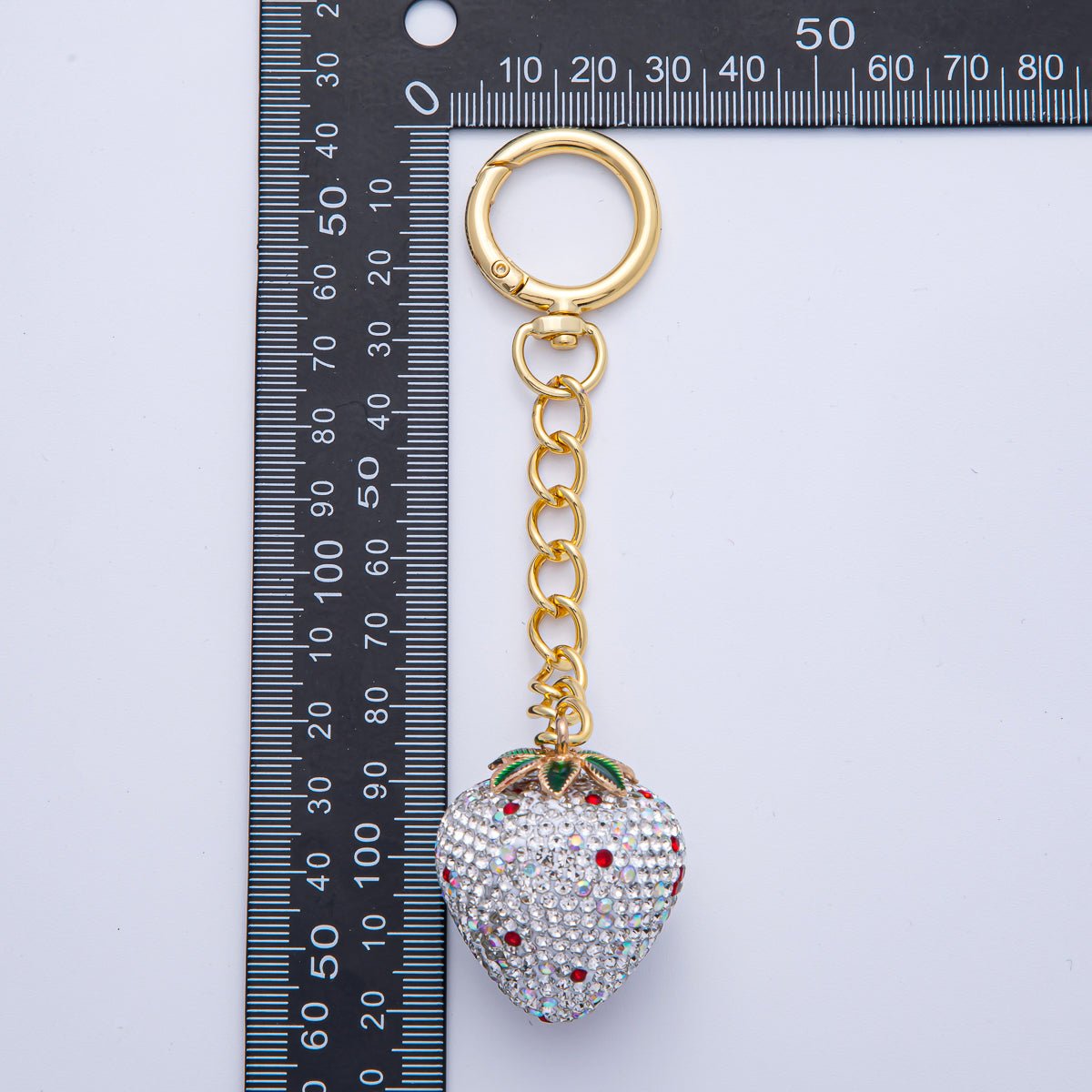 18K Gold Filled White, Pink, Red Strawberry Bedazzled Bag Charm Keychain Accessories | WB - 00265 ~ WB - 00267 - DLUXCA