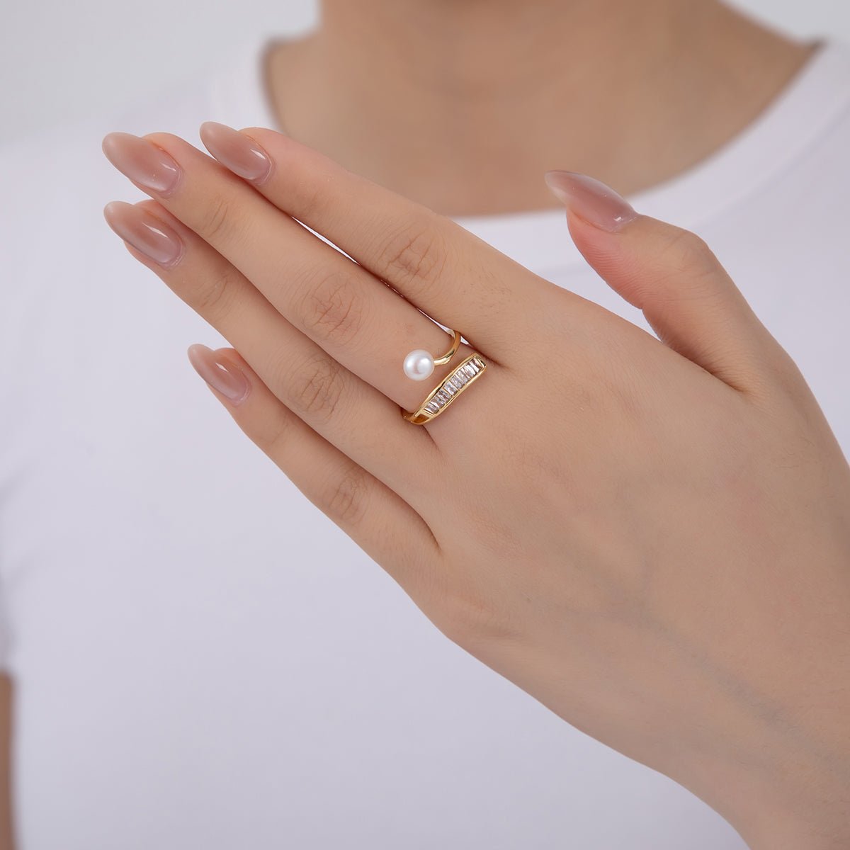18K Gold Filled White, Pink Shell Pearl Baguette Curved Band Ring | O2027 O2028 - DLUXCA