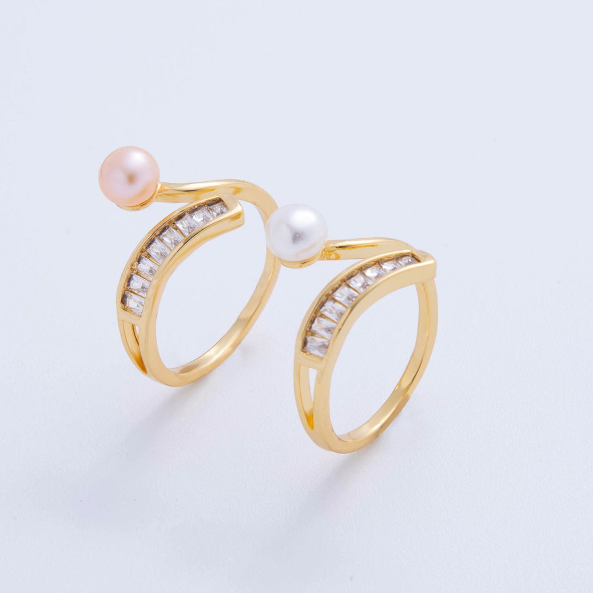 18K Gold Filled White, Pink Shell Pearl Baguette Curved Band Ring | O2027 O2028 - DLUXCA