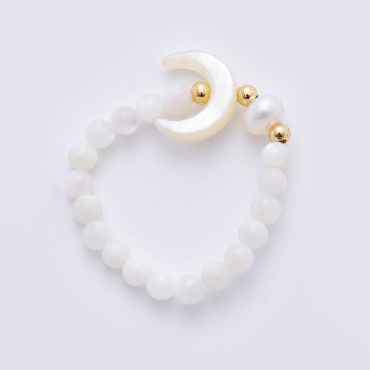 18K Gold Filled White Quartz Crescent Moon Shell Pearl Bead Stretch Ring | O050 - DLUXCA